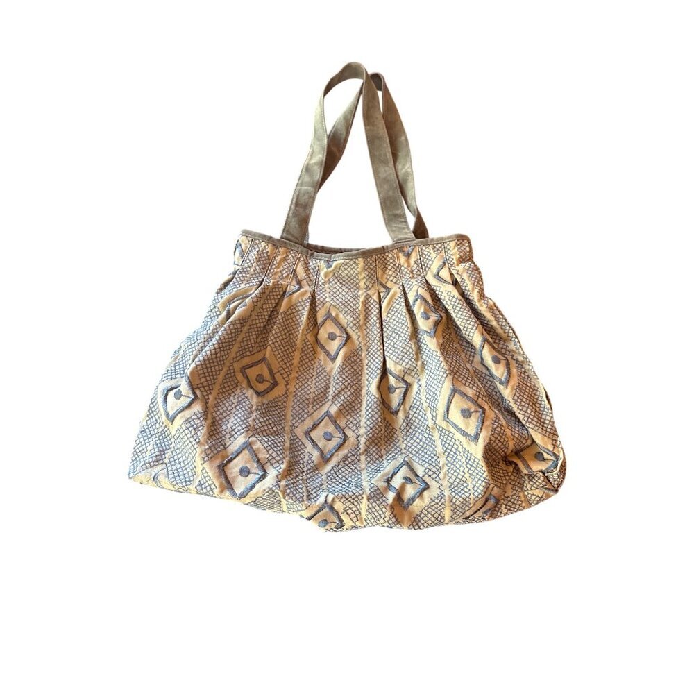 Vintage-Style Embroidered Tote Bag With Suede Straps & Magnetic Closure